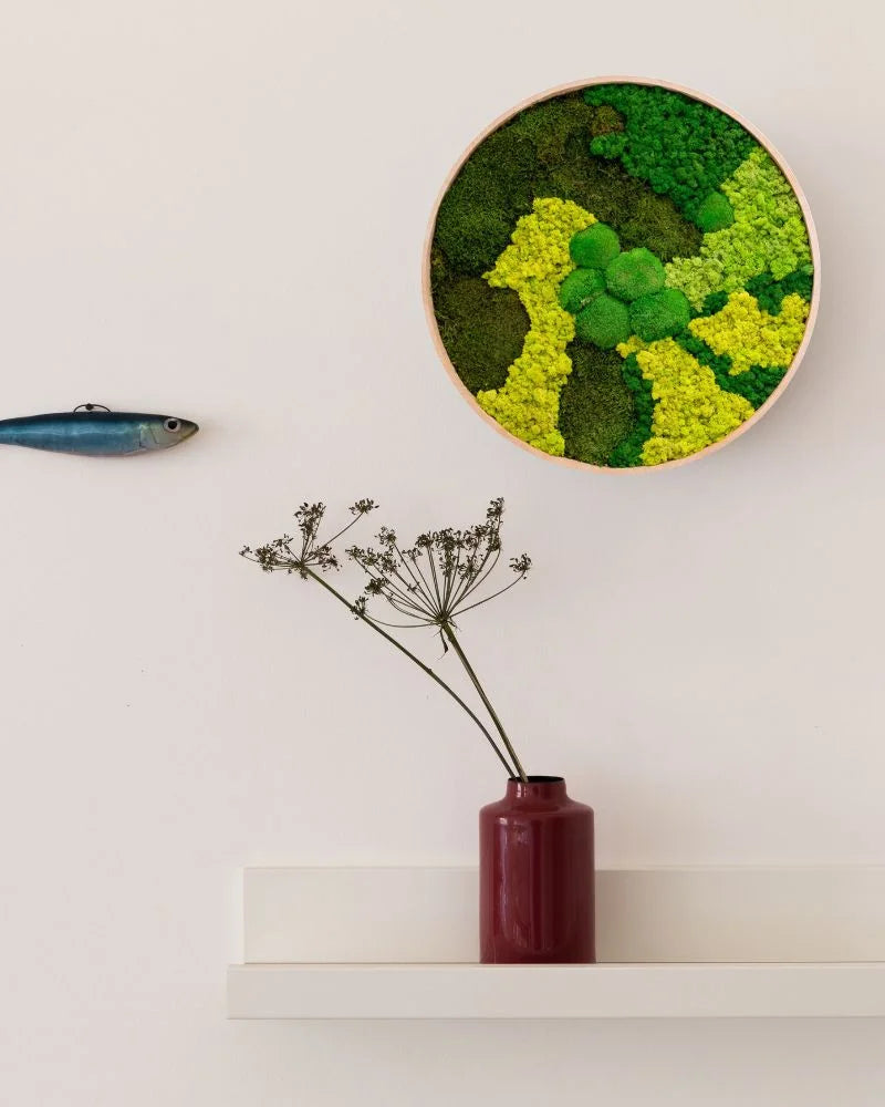 Detaljerad vy av Rund mosstavla mix med konserverad mossa med naturlig mossstruktur – Q 80 cm