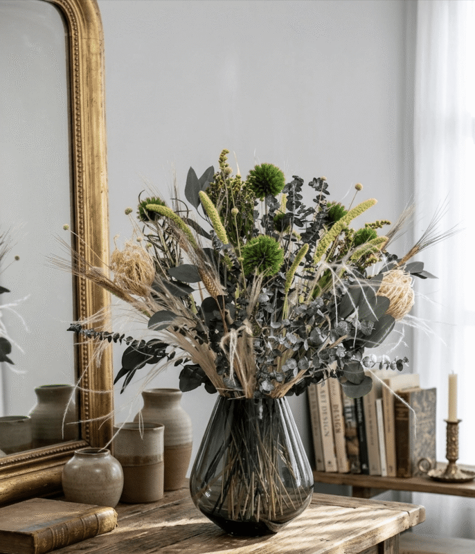 Torkad blombukett i lyxigt vardagsrum