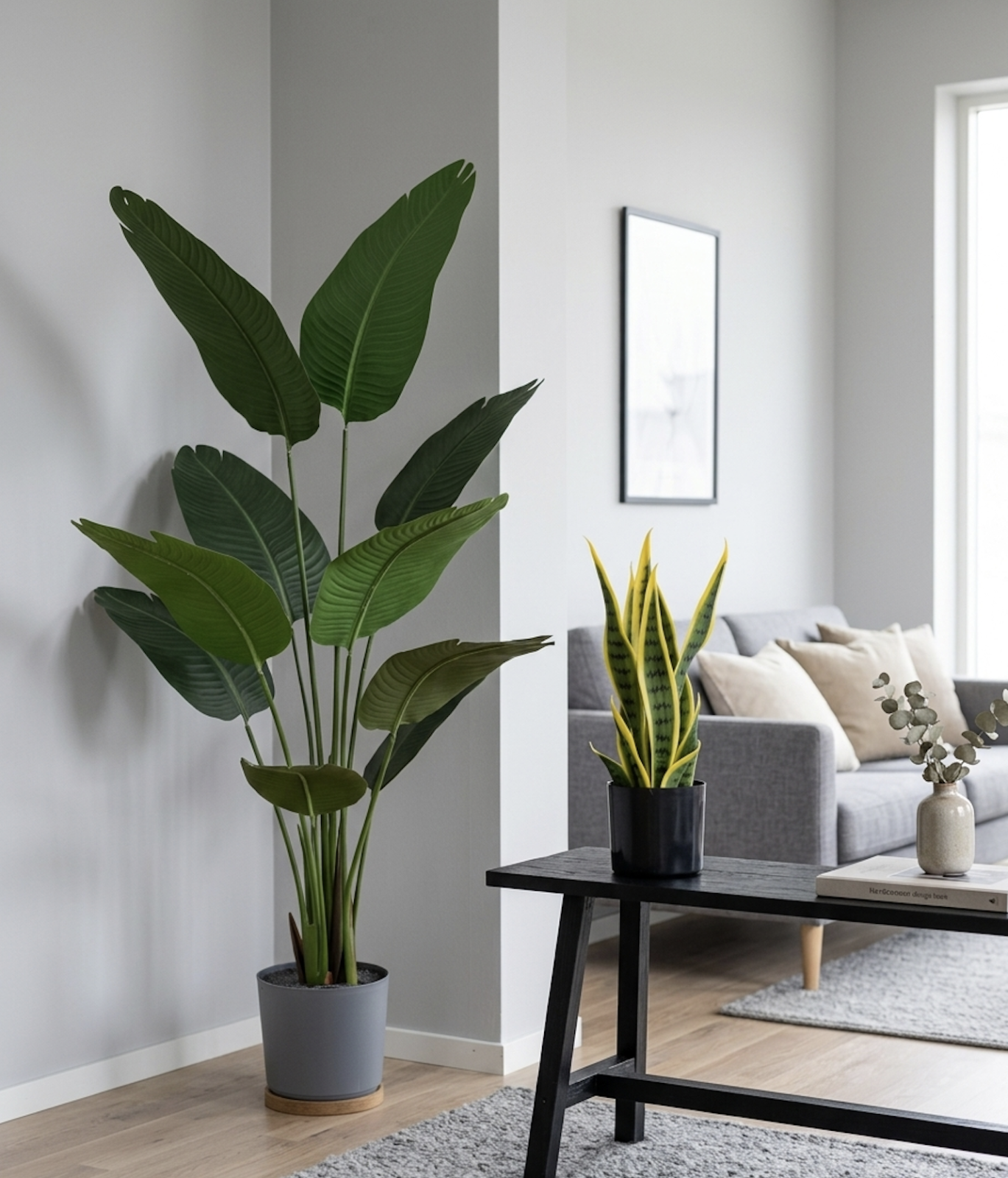 Ett ljust vardagsrum med naturtrogna konstgjorda växter som Strelitzia och svärmorstunga.