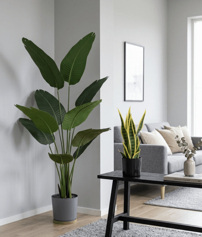 Ett ljust vardagsrum med en stor, naturtrogen konstgjord Strelitzia (paradisfågelblomst) i en grå kruka och en konstgjord svärmorstunga på en svart bänk. konstgjorda träd